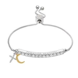 NIB! Brilliance Two Tone Fine Silver Plated Crystal Forever Blessed Bar Bracelet